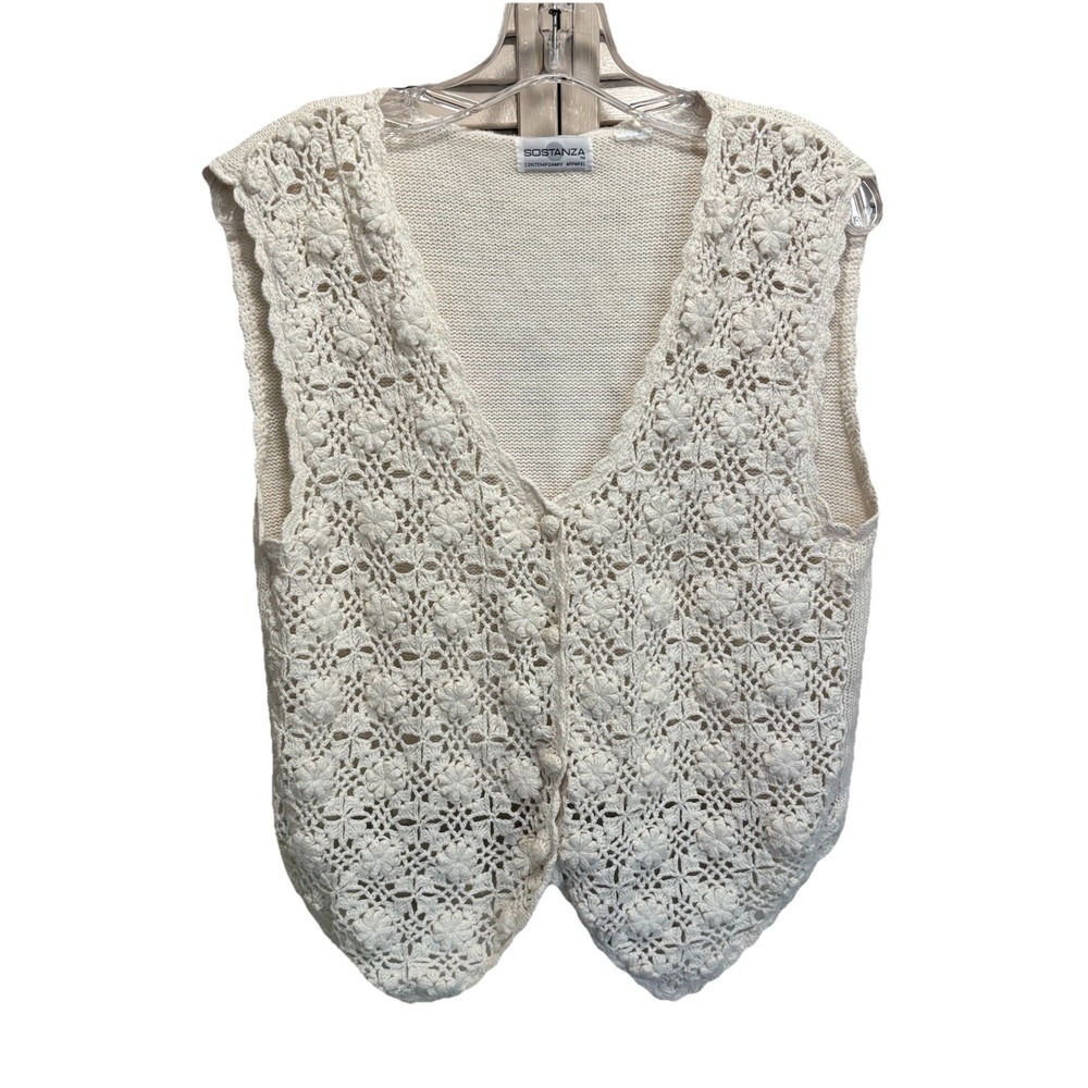 Sostanza Cream Crochet Vest Top Size M/L Button Up Boho Flowers